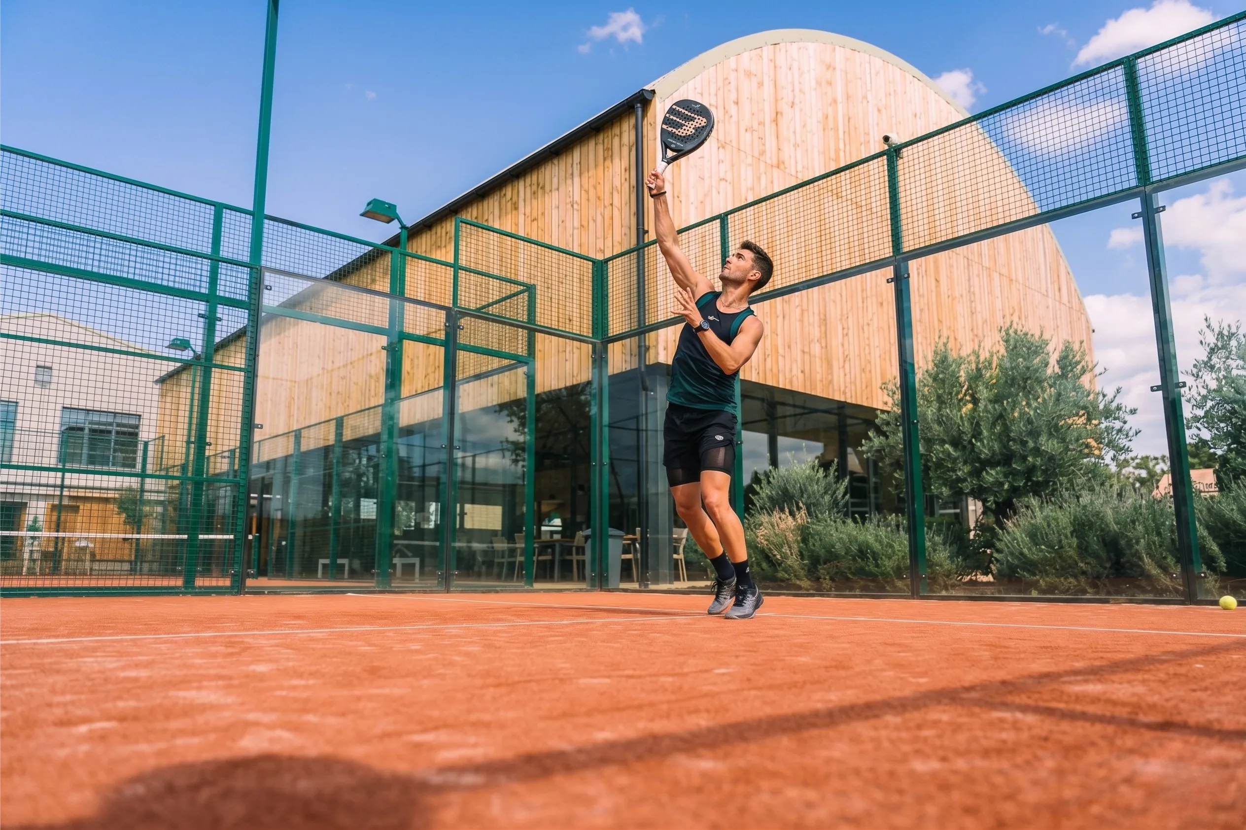 Rooftop padel court viewed from the sauna